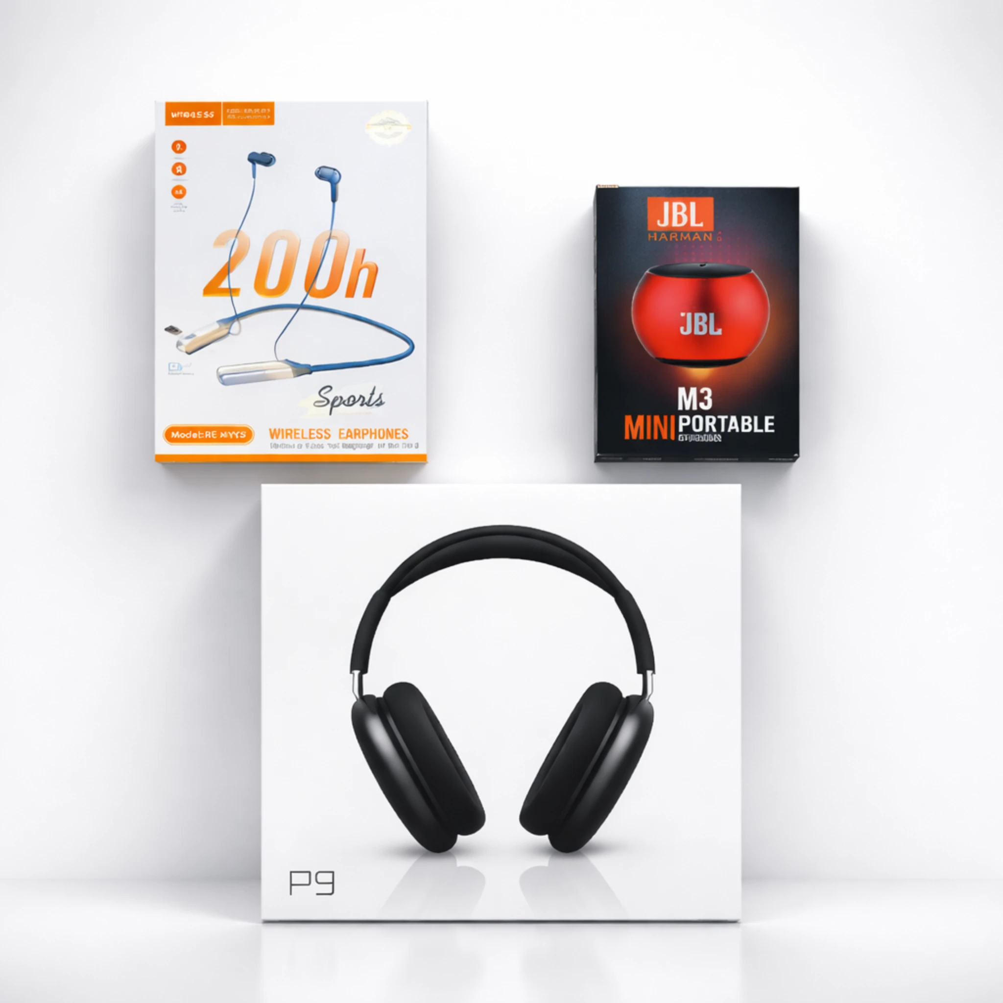 Premium Audio Combo – P9 Wireless Headphone + 200h Sports Earphone + M3 Mini Speaker